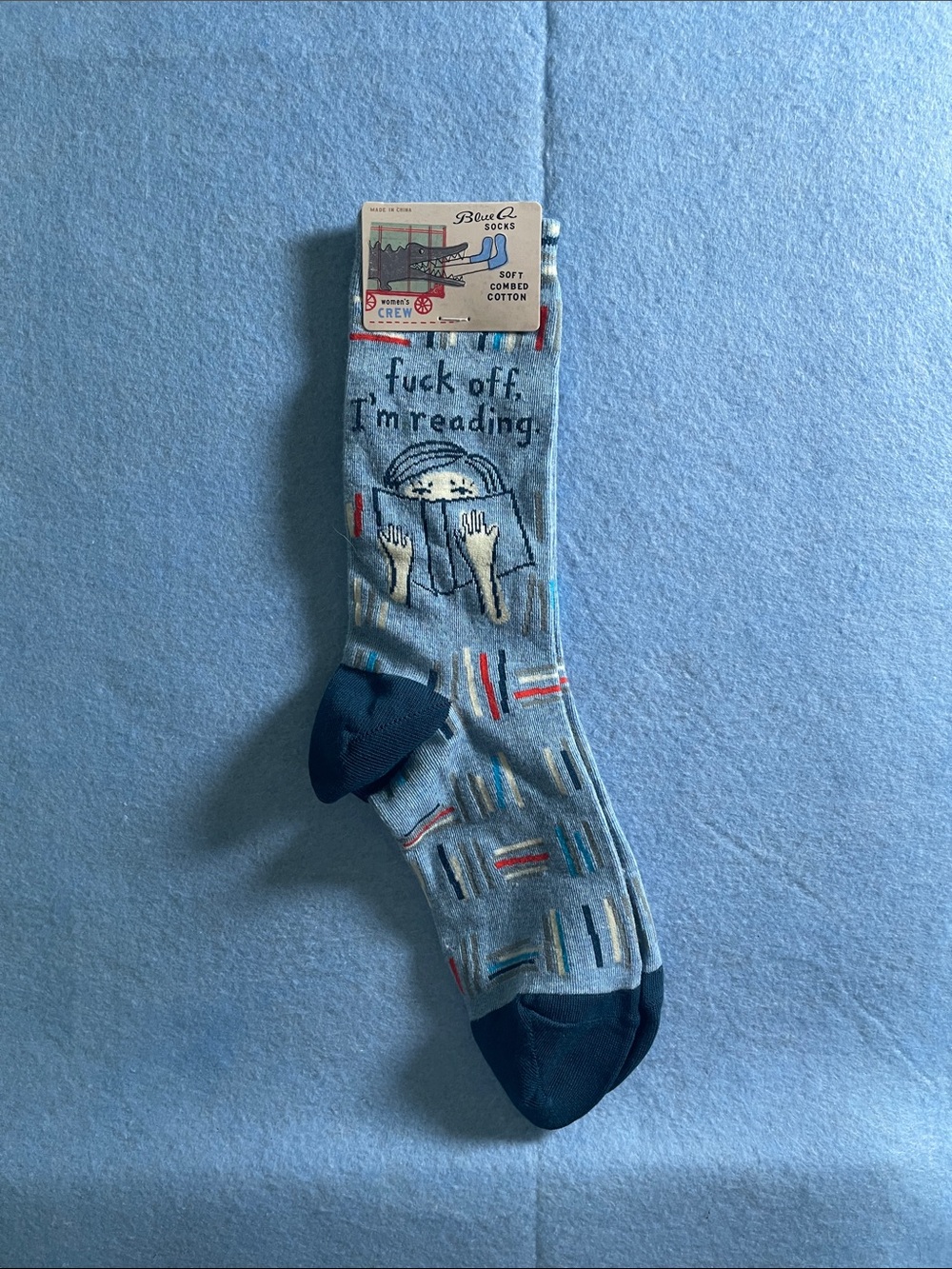 Blue Q Light Blue Novelty Crew Socks with Navy Accents